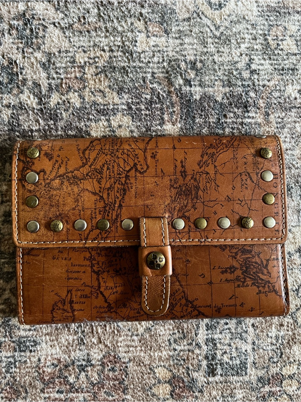 Patricia Nash Brown Map-Print Leather Wallet with Studs